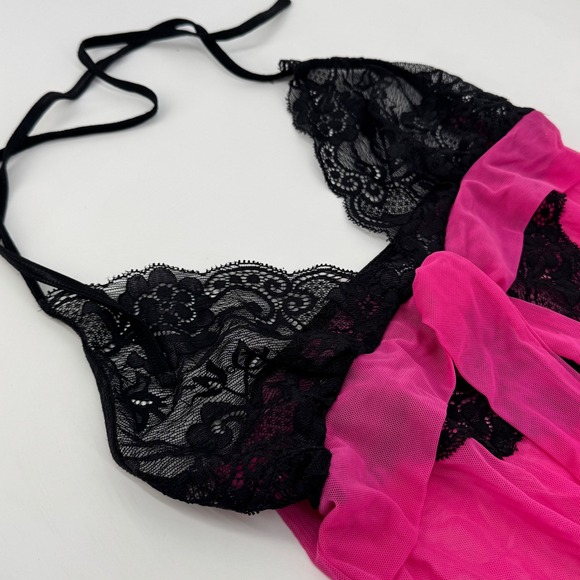 Frederick's of Hollywood Other - Fredericks of Hollywood Hot Pink Black Lace Mesh Halter Babydoll Chemise Medium